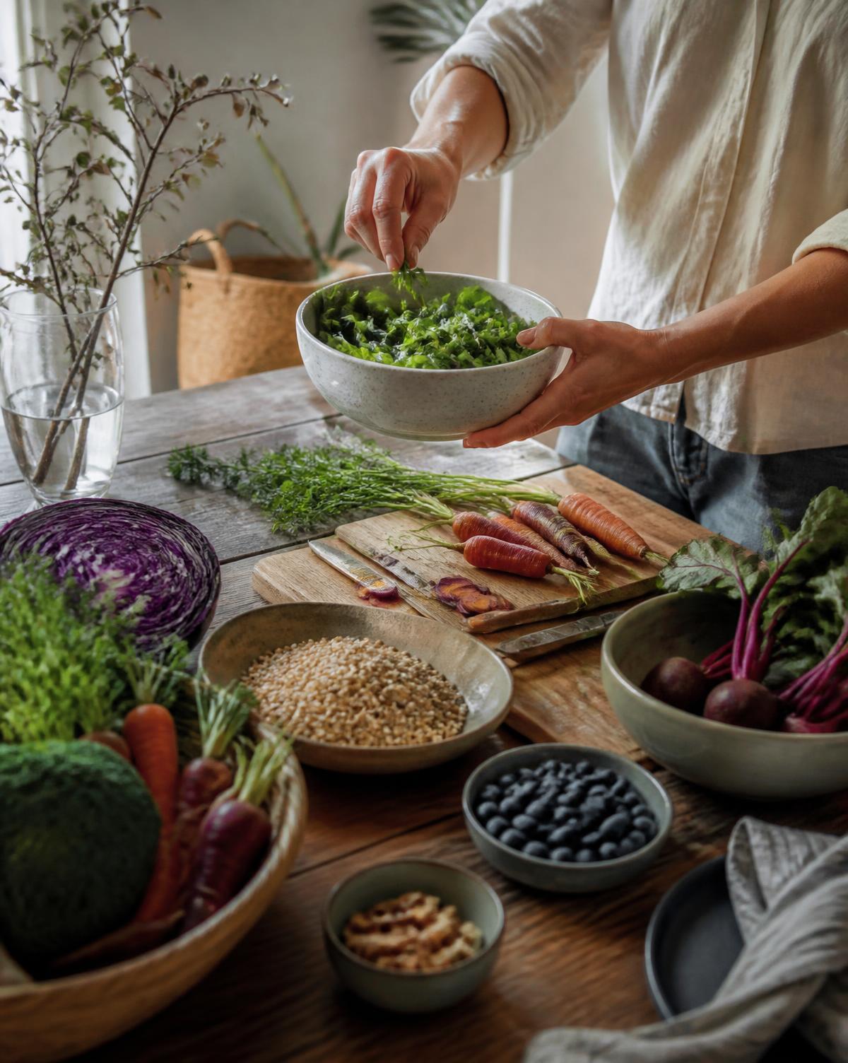 Hands preparing a simple meal of fresh vegetables, grains and berries on a wooden table in soft daylight